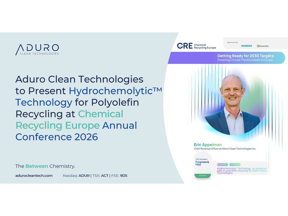Aduro Clean Technologies to Present Hydrochemolytic™ Technology for Polyolefin Recycling at Chemical Recycling Europe Annual Conference 2026