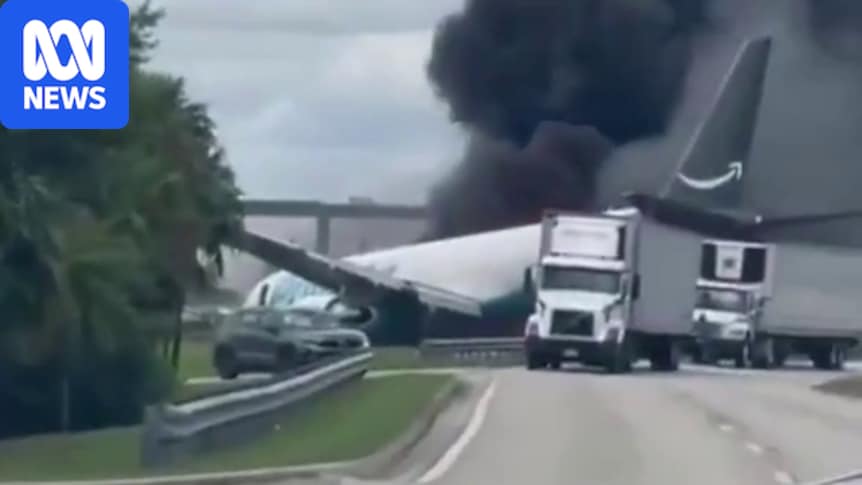 Amazon plane overruns runway and bursts into flames at Miami Airport