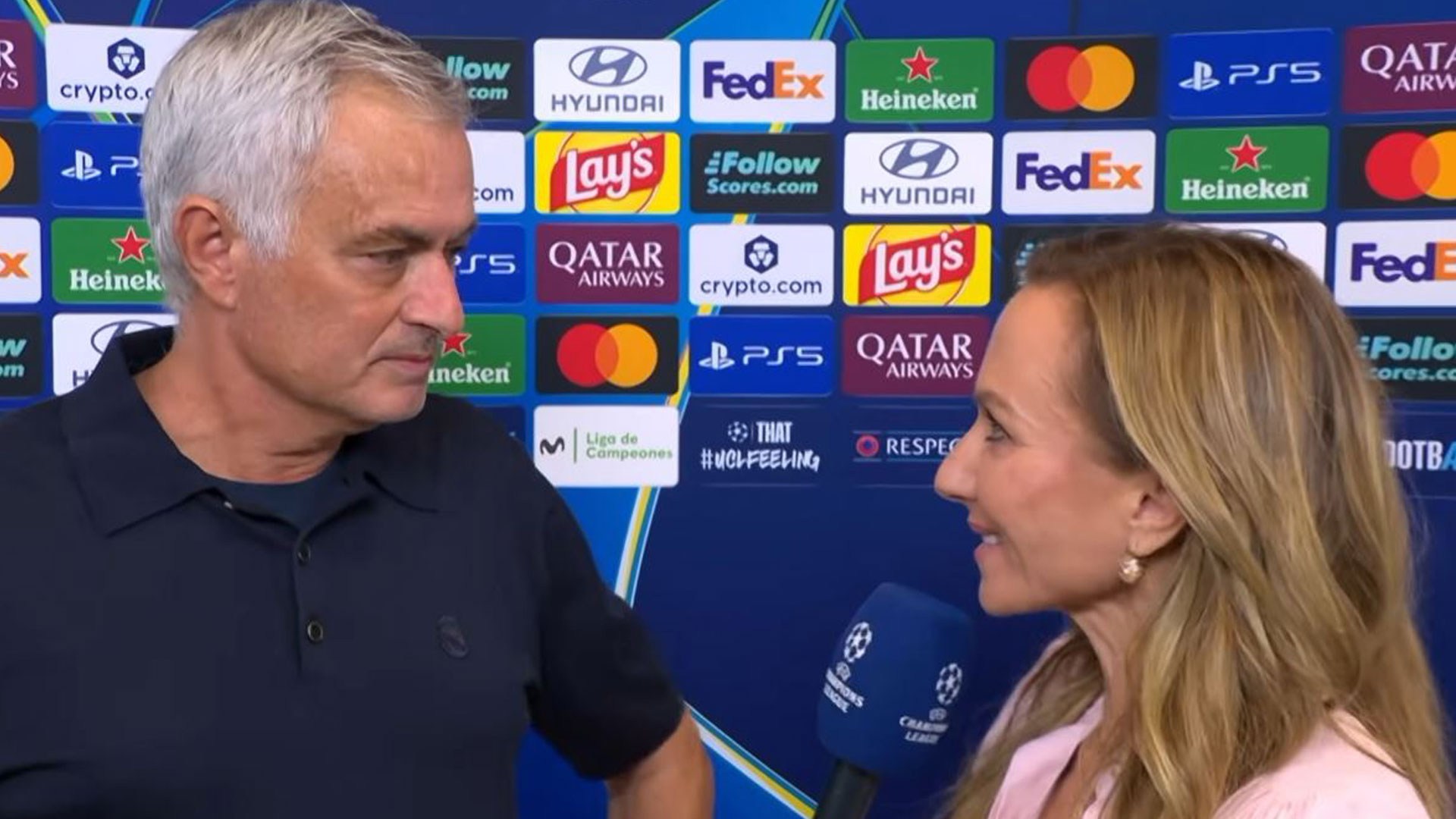Awkward moment Jose Mourinho is forced to correct reporter on live TV after monumental Champions League error