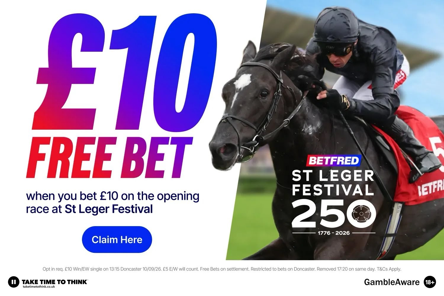 Bet £10 on first race of Doncaster St Leger Festival on Thursday and Get £10 free bet with Betfred