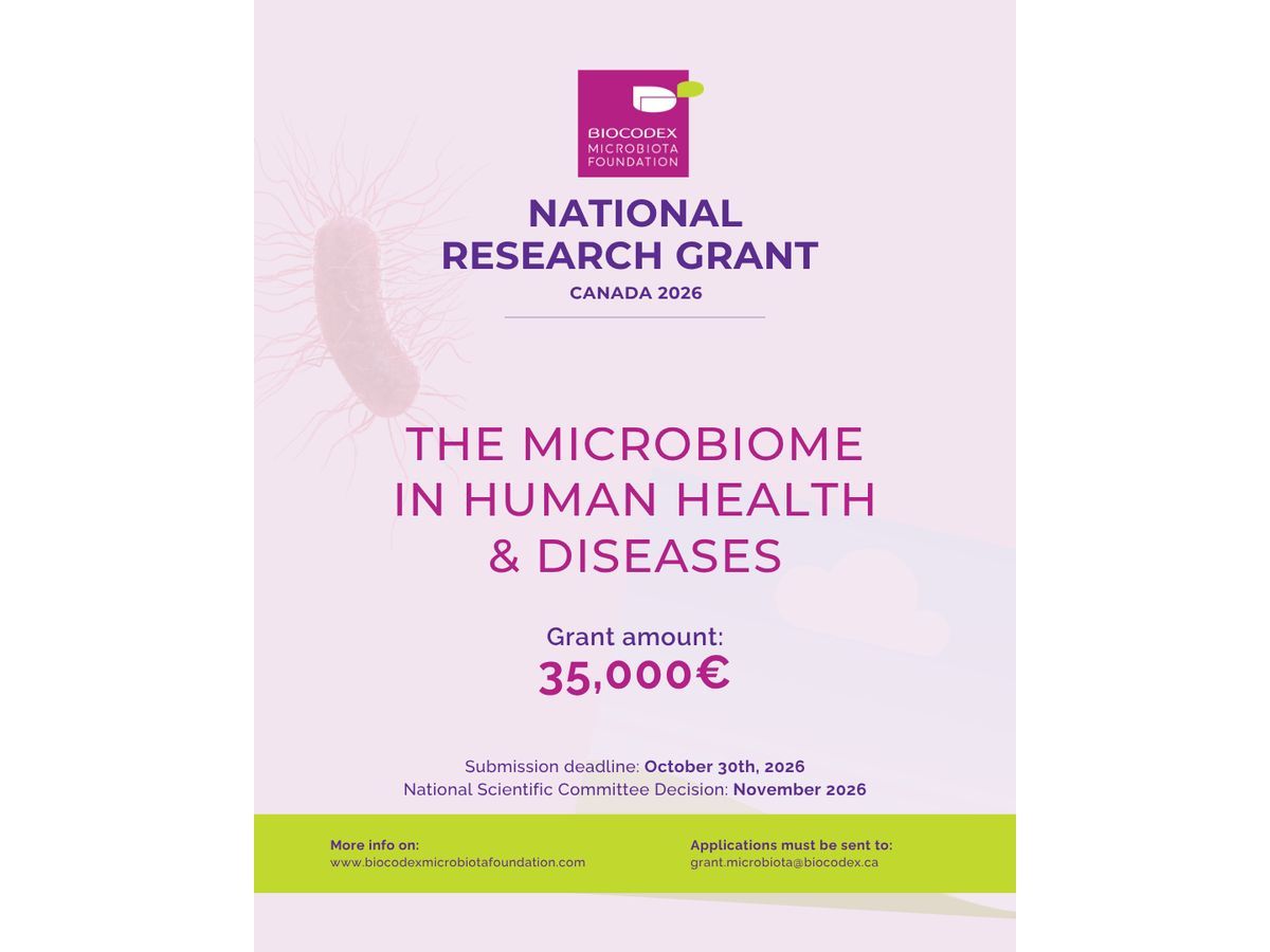 Biocodex Microbiota Foundation invites Canadian academics and scientists to apply for €35,000 ($55,000 CAD based on current exchange rate) research grant to advance microbiota research in human health & disease