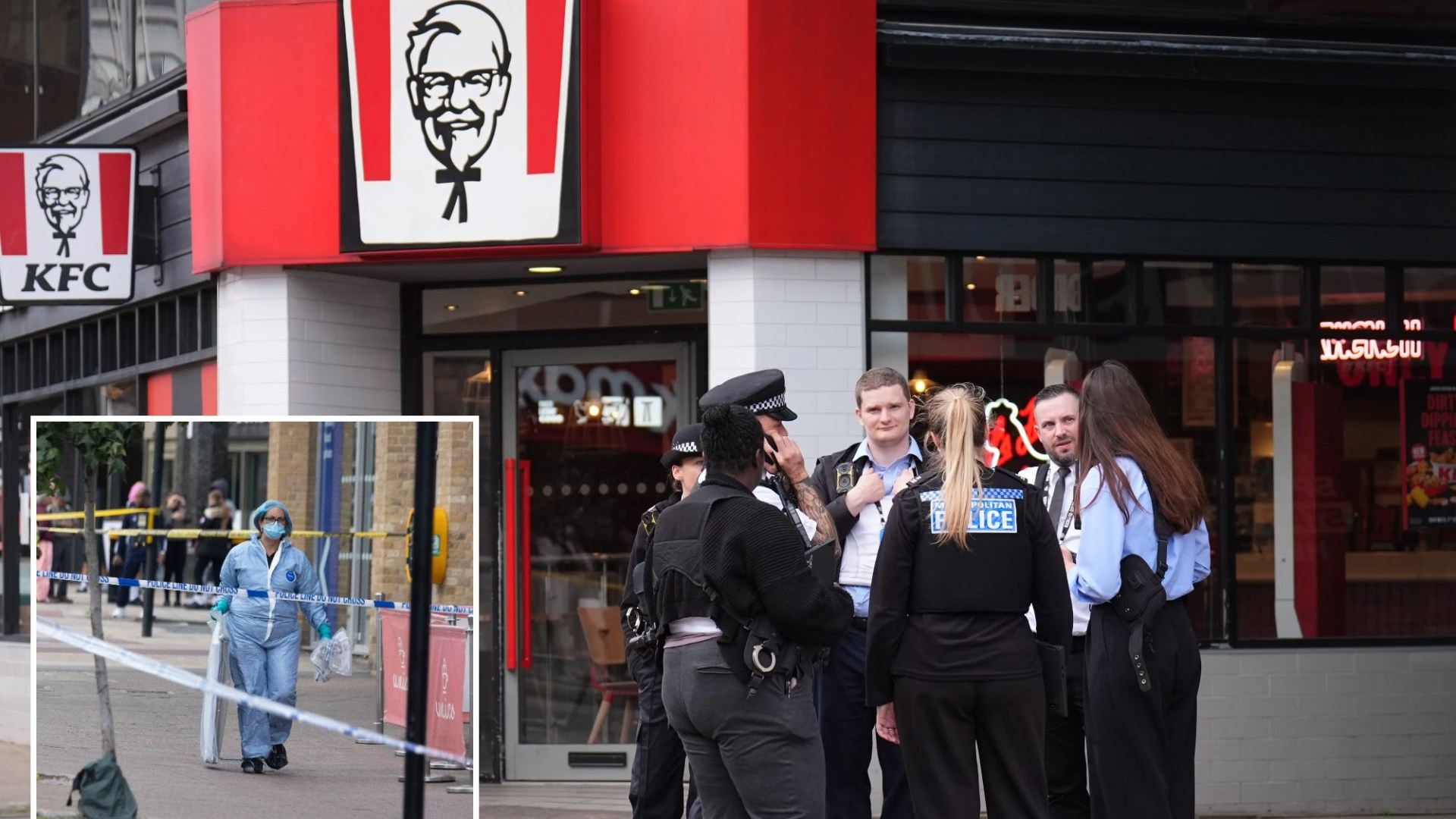 Boy, 14, charged after four stabbed at KFC on busy high street in broad daylight ‘knife attack’ & 7 arrested
