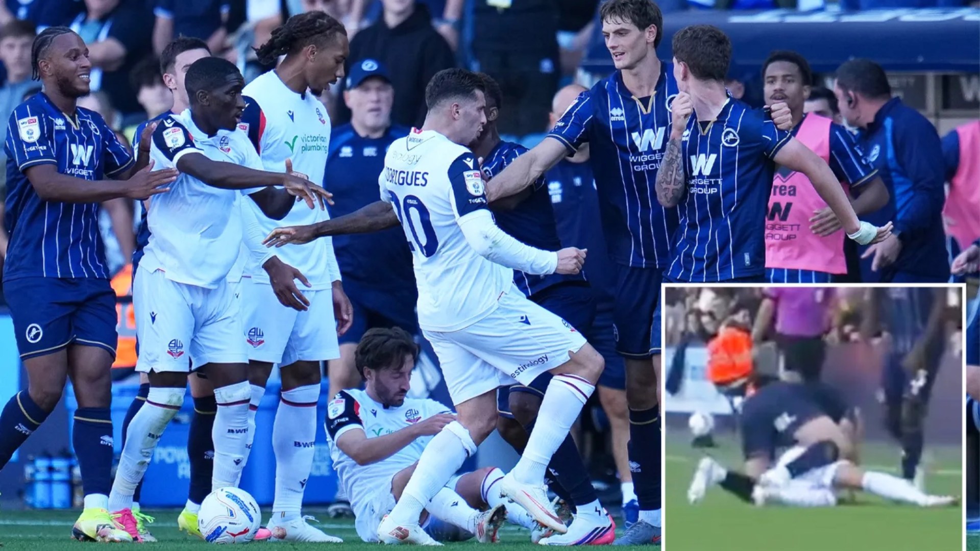 Championship clash explodes into chaos as TWO stars are sent off after huge brawl involving subs from bench