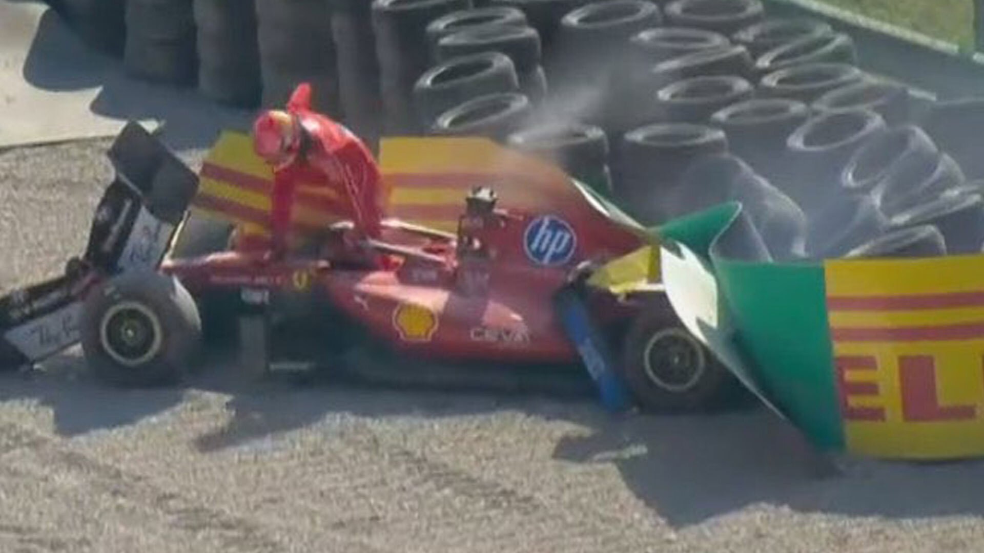 Charles Leclerc in early horror crash at Italian GP as Ferrari ace smashes into barriers following Lewis Hamilton battle