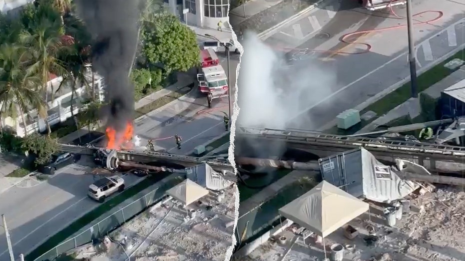 Construction rig collapses on 3 cars in Miami, traps workers as fire erupts