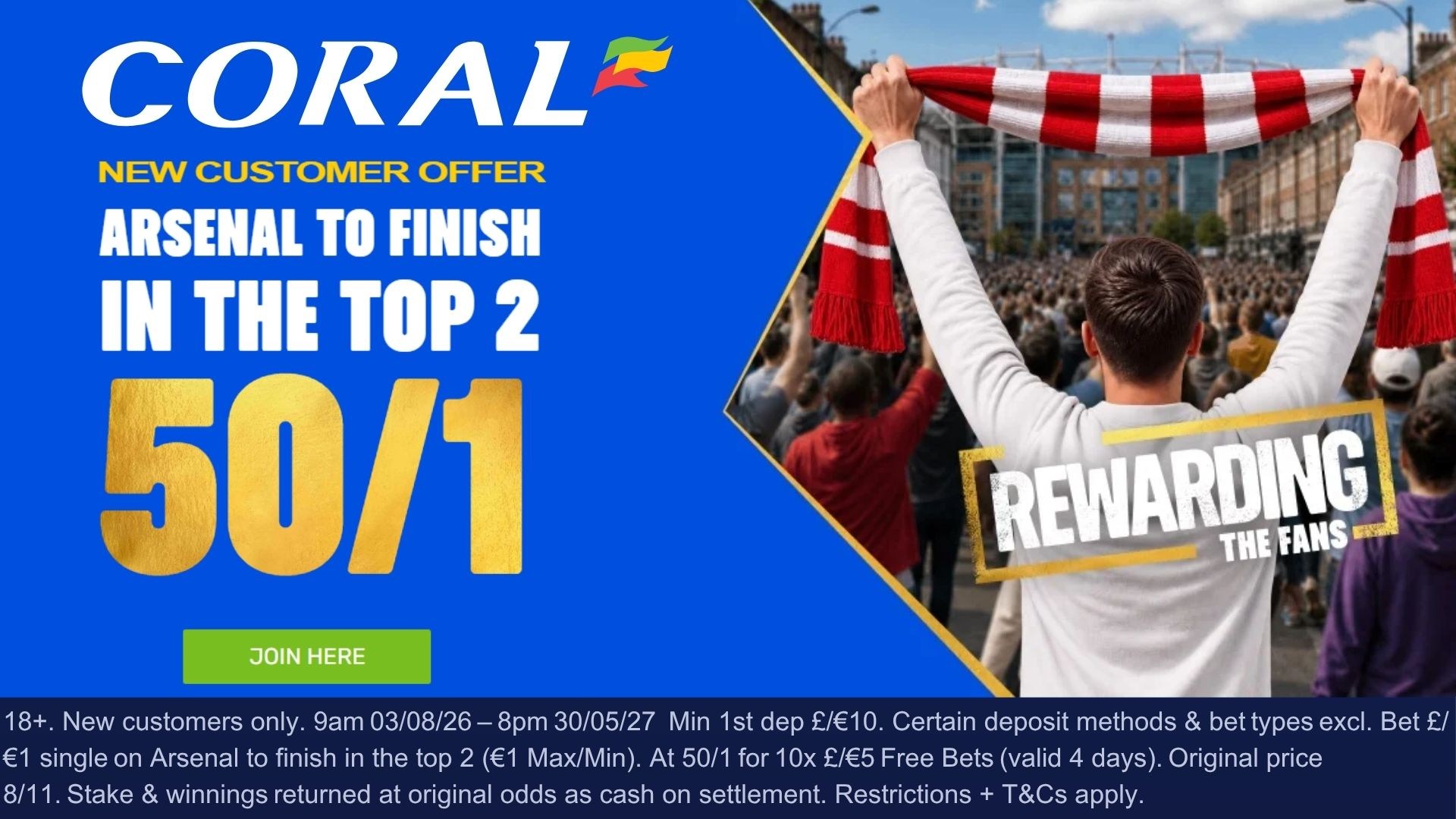 Coral new customer offer: 50/1 Arsenal to finish top 2