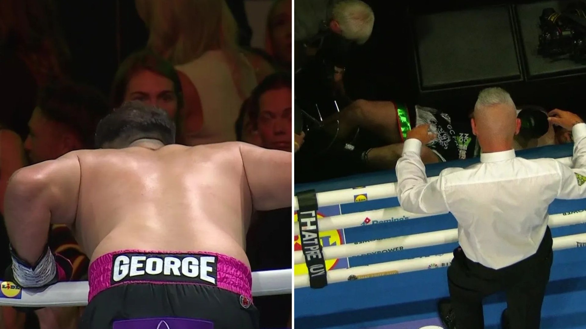 Dave Allen opponent Thomas Carty crashes through ropes before getting foot stuck in CHAIR on Katie Taylor undercard