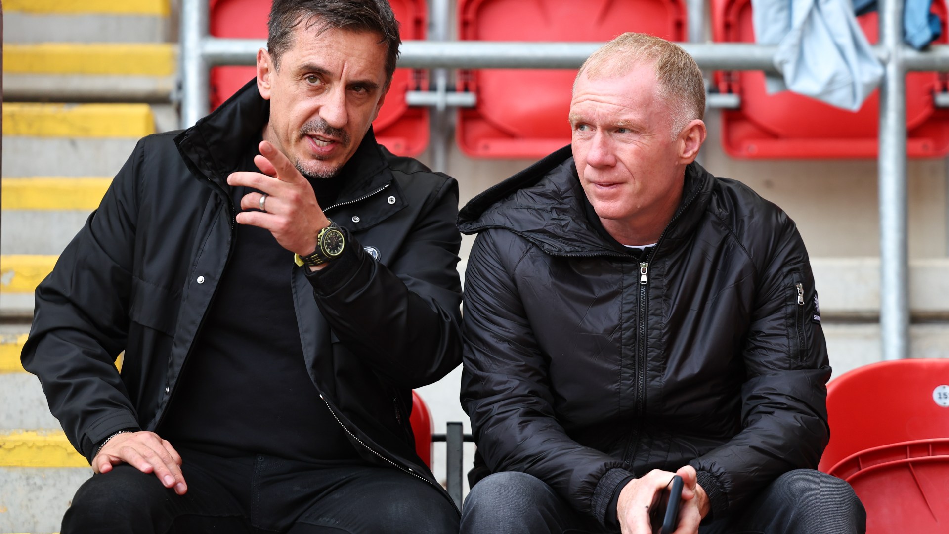 Gary Neville and Paul Scholes watch on in away end as Salford in six-goal thriller with red card
