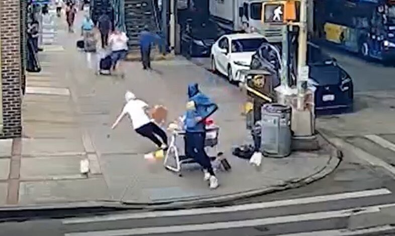 Horrifying moment thug hurls cot filled with rubbish at elderly woman, 90, in sick random attack