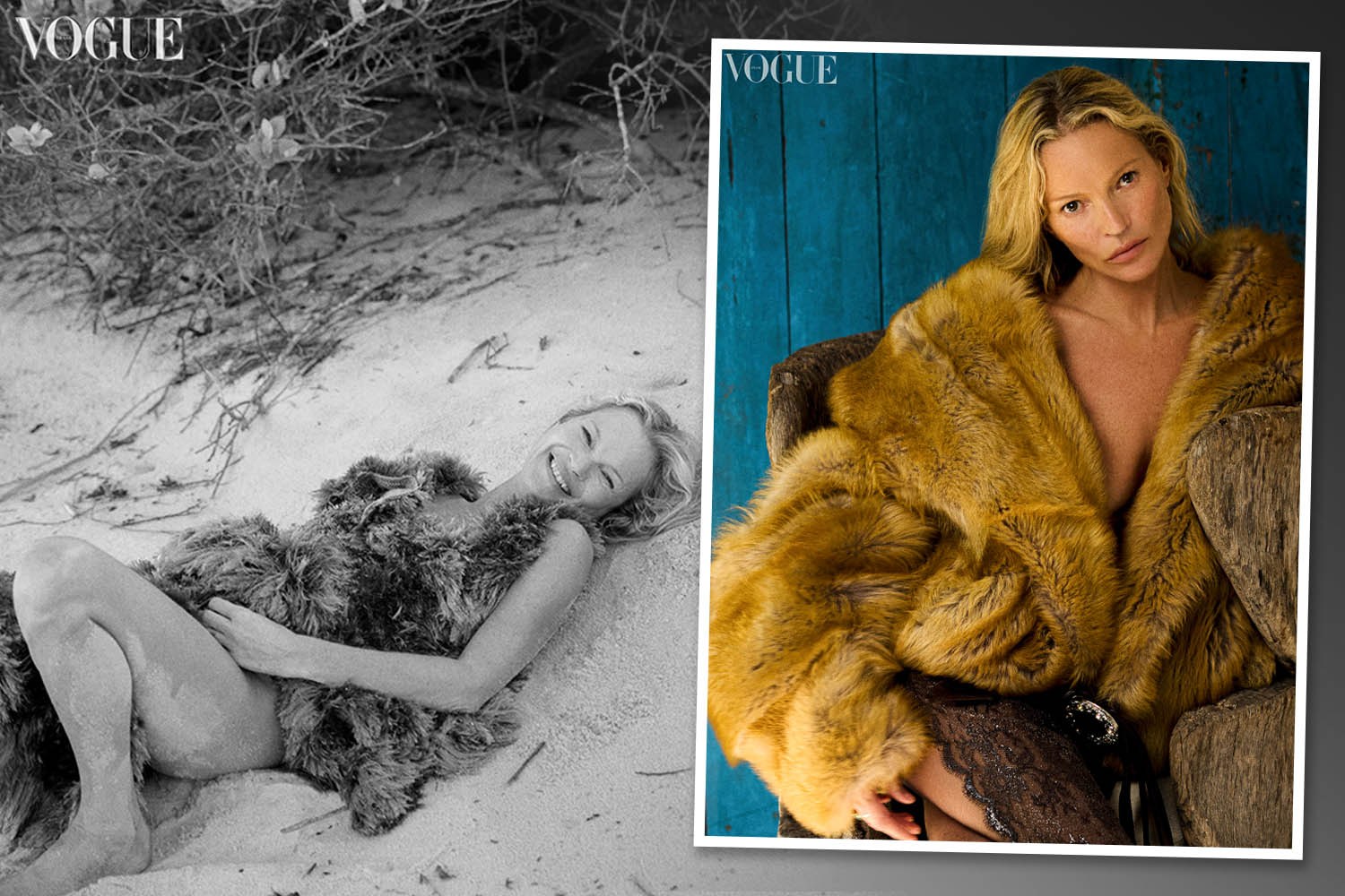 Kate Moss poses nude except for fake fur in stunning cavewoman look