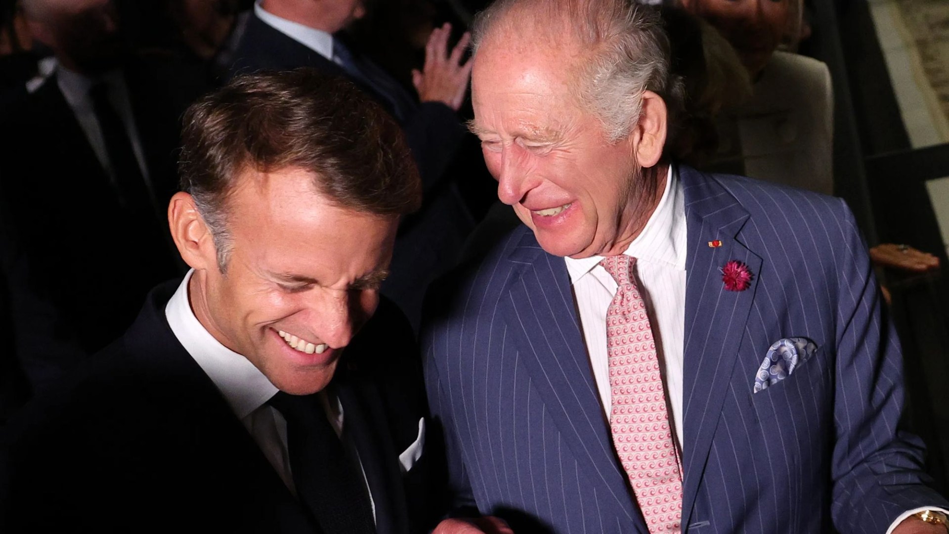 King Charles and Macron share a joke as they view the Bayeux Tapestry together at the British Museum