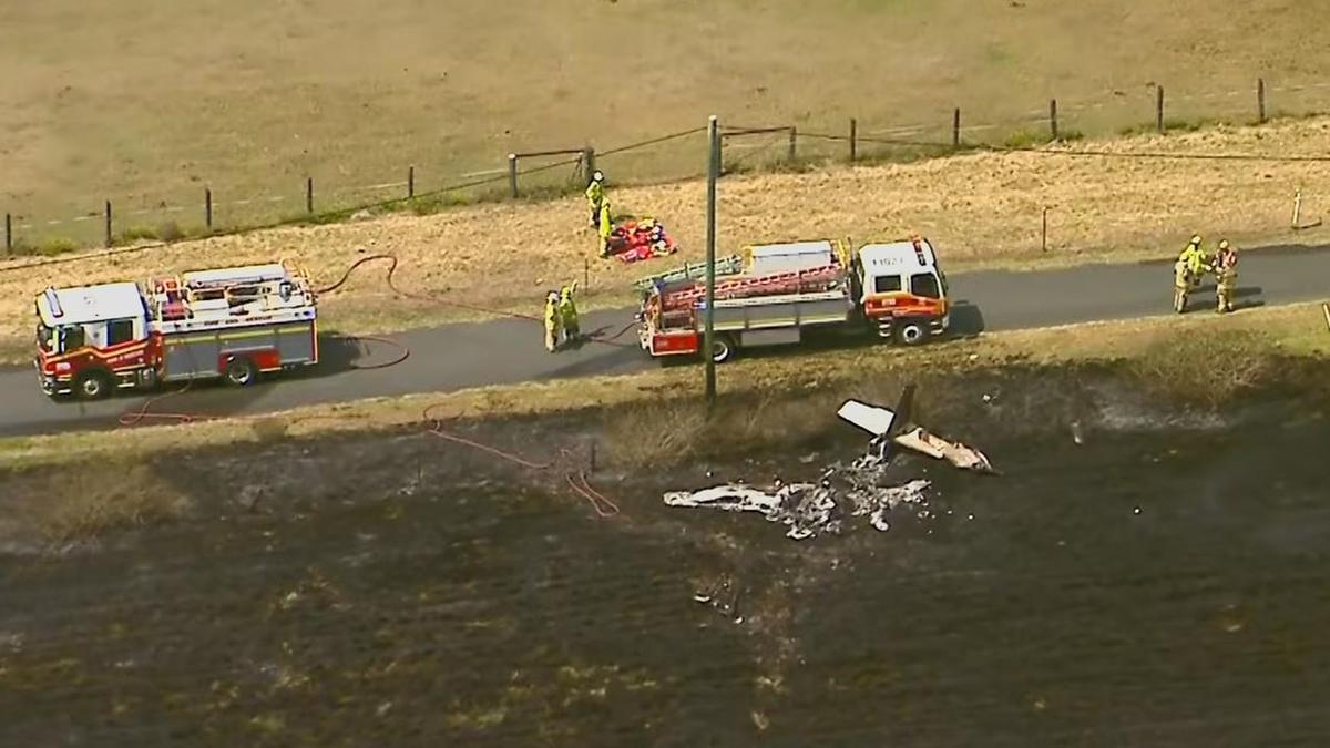 Light plane plunges into paddock, sparks grass fire