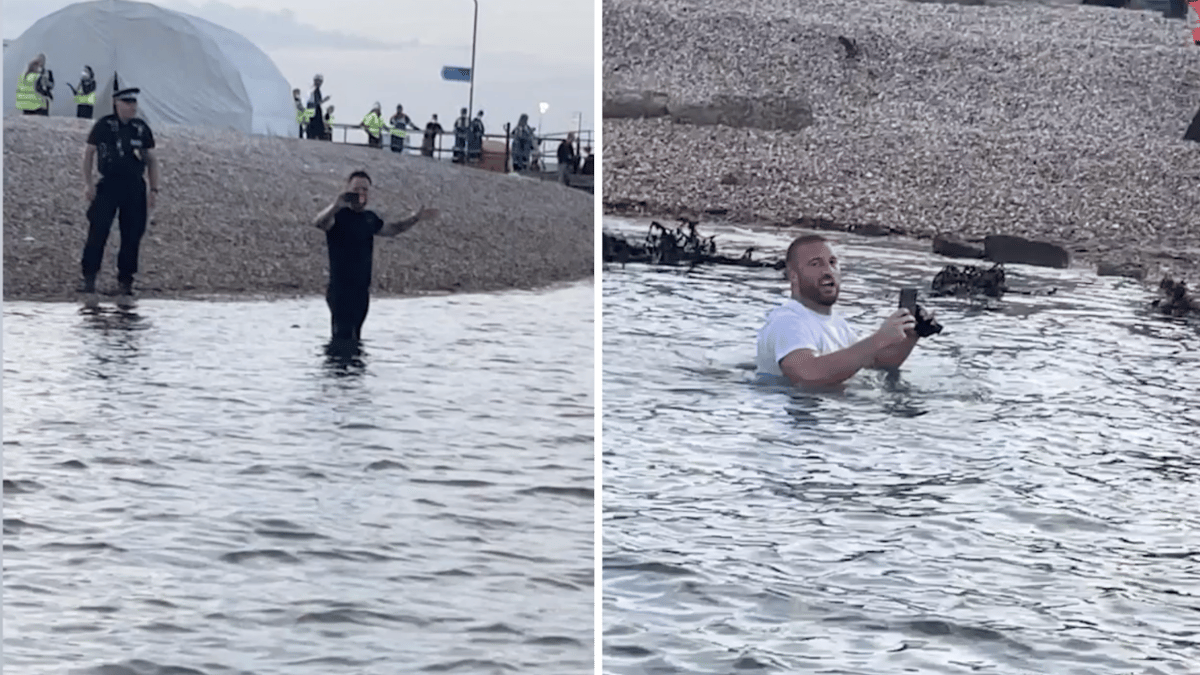 Moment protesters wade into sea as rescued migrants arrive in Portsmouth