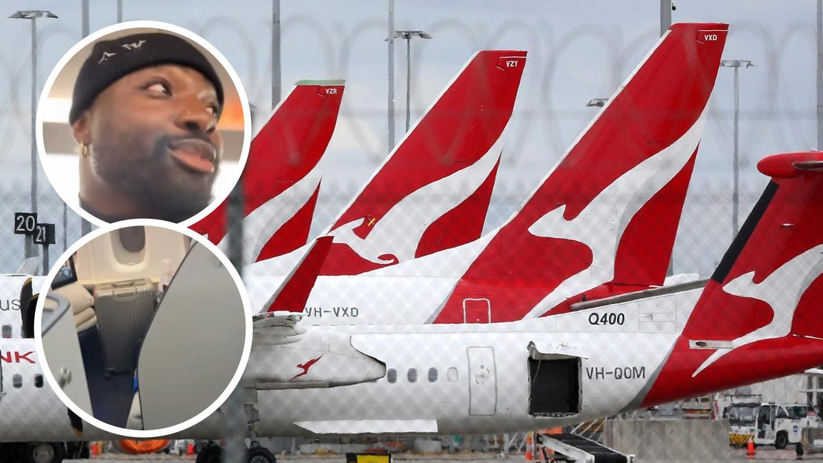 NFL star Byron Young loses it over Qantas plane as Rams fly in to Melbourne ahead of MCG clash against 49ers