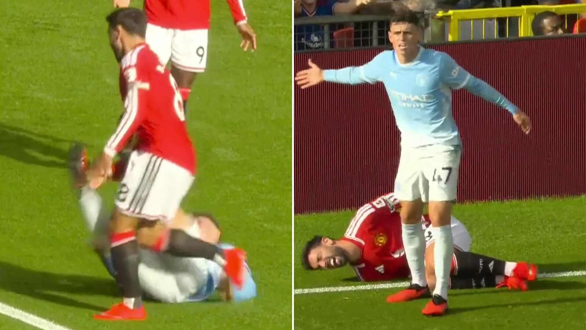 Phil Foden sent off for moment of madness in Manchester derby as England star lashes out at Bruno Fernandes