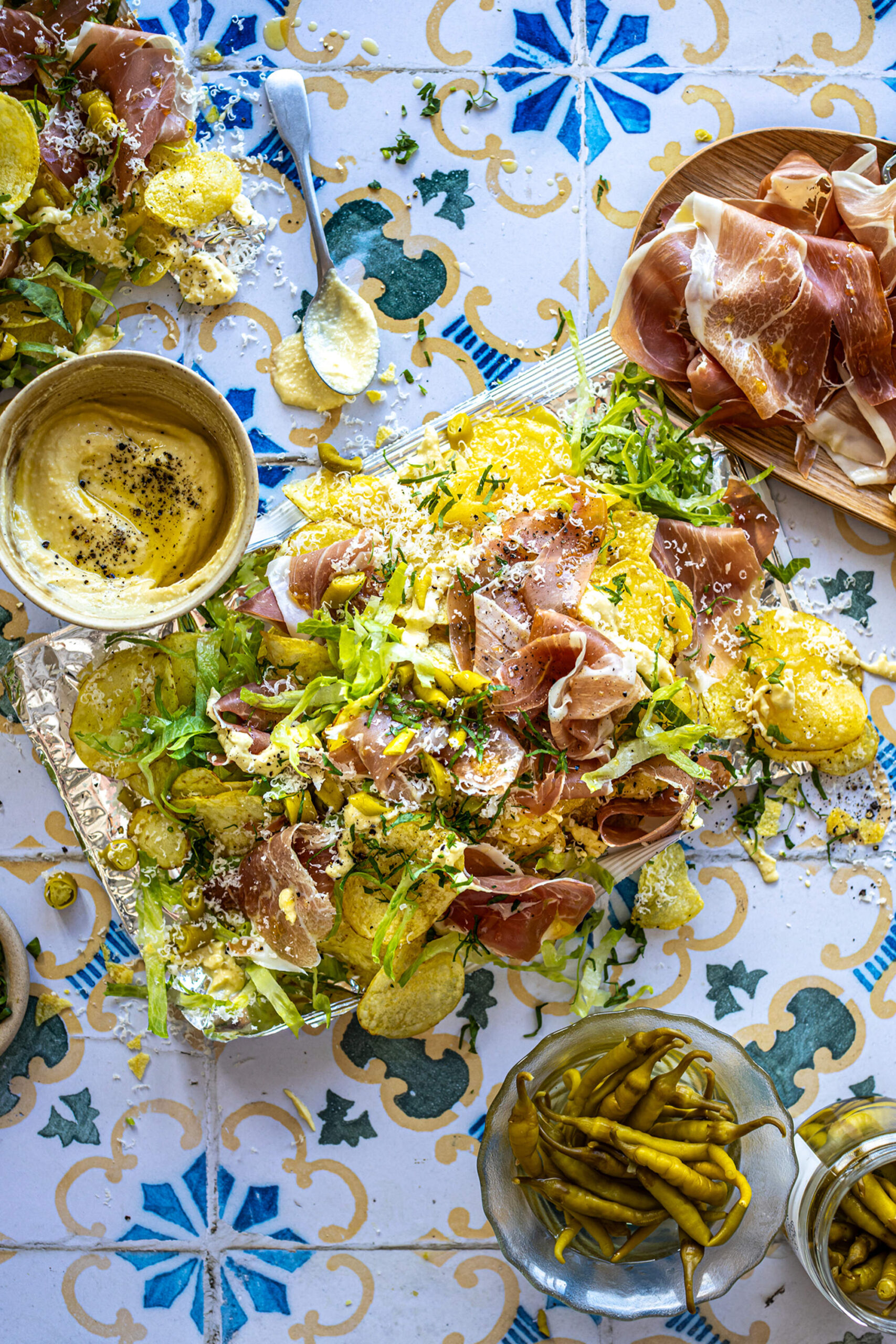 Potato Chip Salad with Prosciutto, Caesar Cream and Parmesan