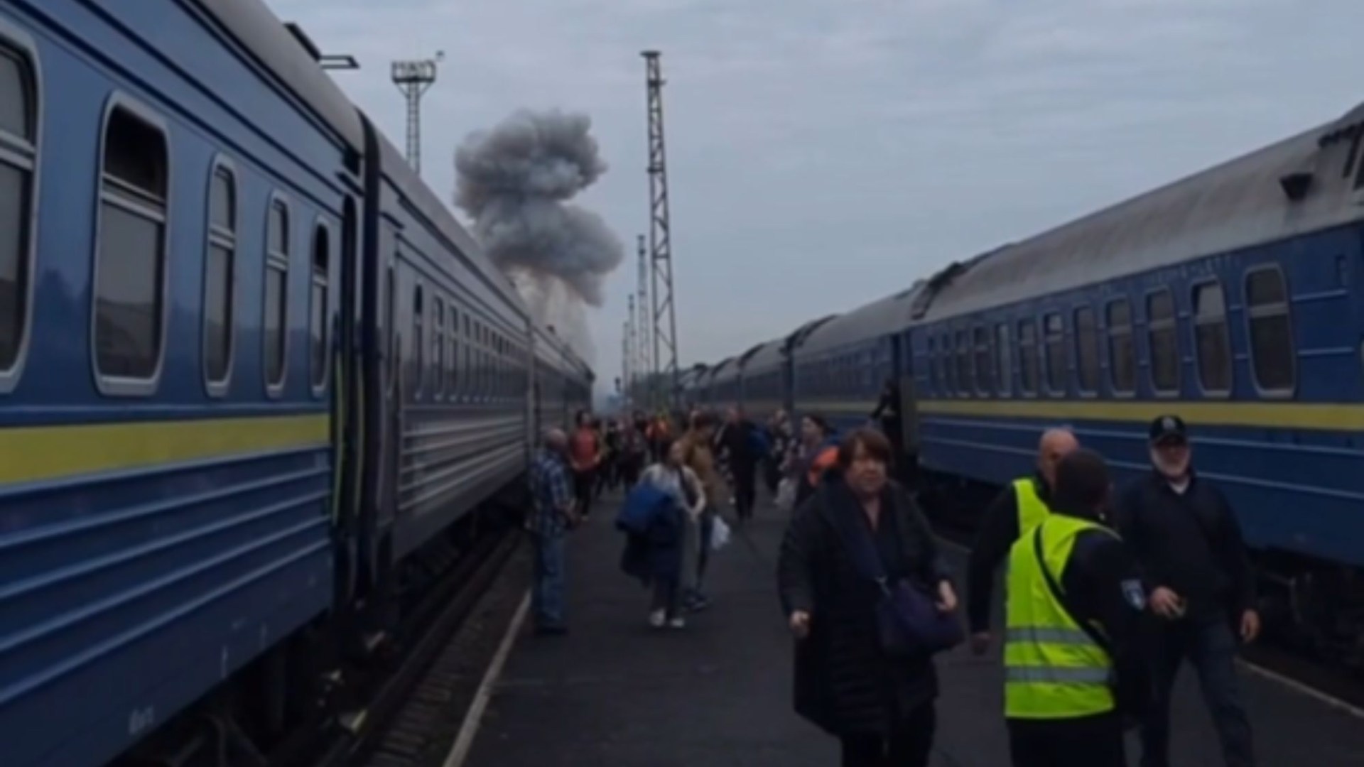Shocking moment terrified passengers run for their lives as Russian drones ‘targeting Boris Johnson’s train’ rain down