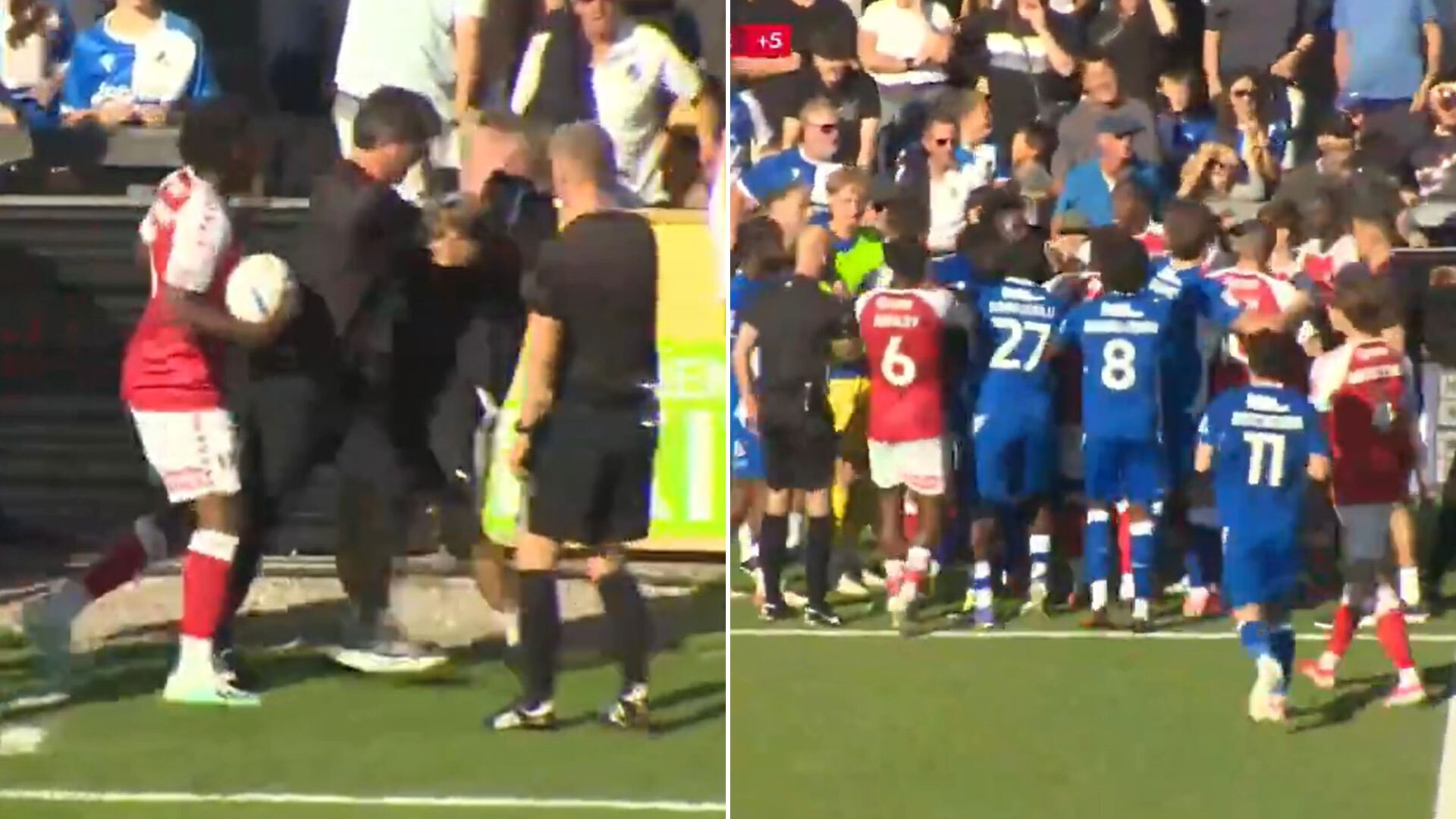 Son of Man Utd icon sent off after heated touchline brawl involving subs bench during fiery EFL clash