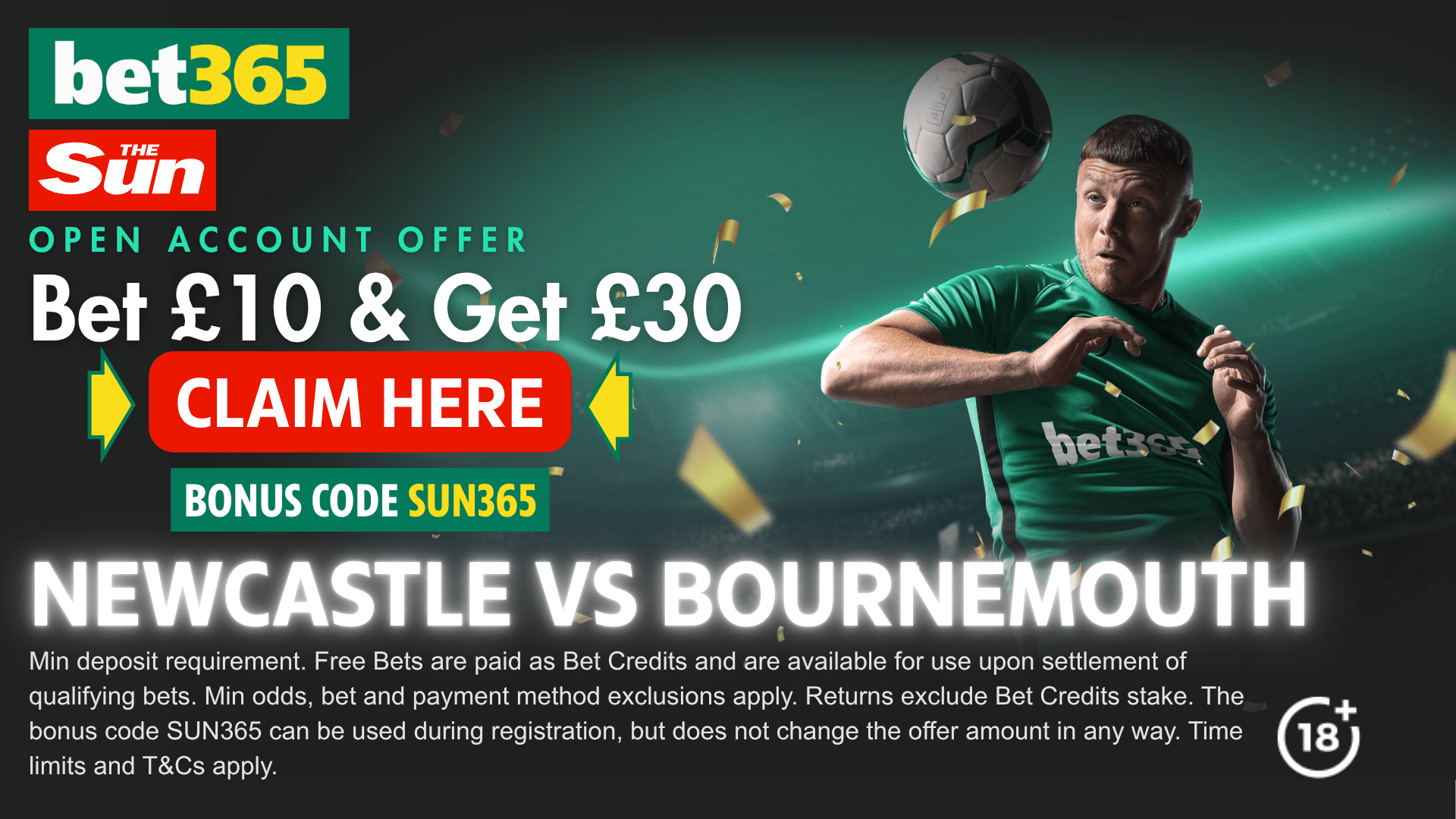 bet365 bonus code: Claim £30 in free bets for Newcastle vs Bournemouth with SUN365
